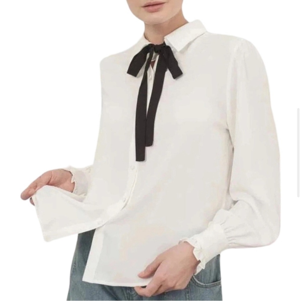 Zara White Blouse Black Bow Neck Tie